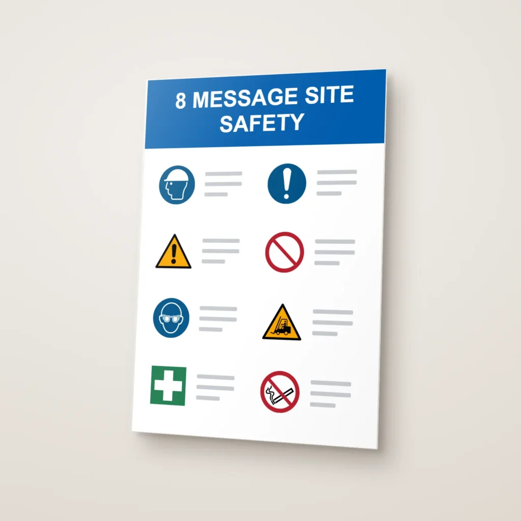 8 message site safety board at a site gate, the centre of any construction site signage