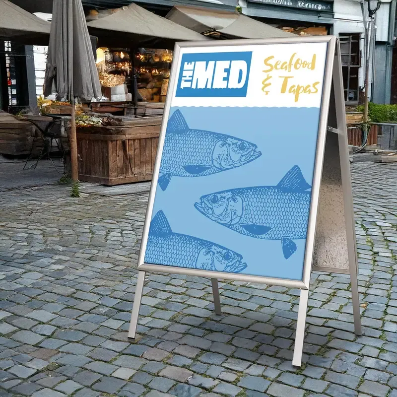 A-frame pavement sign outside a cafe, the first piece of cafe and restaurant signage customers see