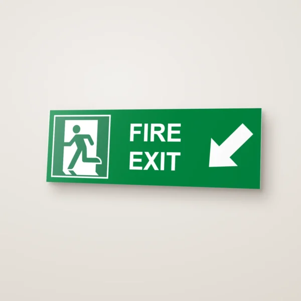Fire Exit Running Man Arrow Diagonal Left Down (HTM 65) Sign