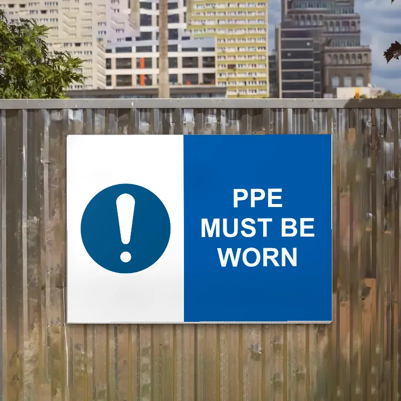 Site signs: pPE must be worn sign on a timber site hoarding