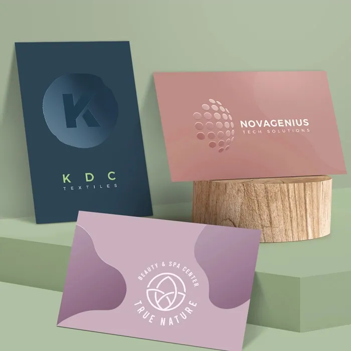 Business card finishes: spot UV business cards with a matt laminated base